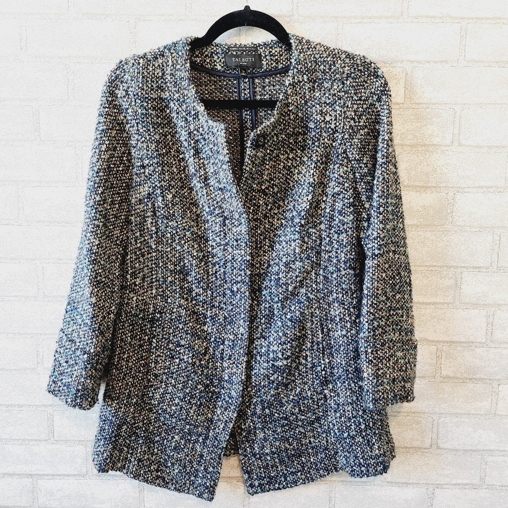 Talbots Petites Blue Multi Tweed Jacket Italian Fabric Snap Front Size‎ 2P
